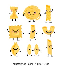 Set of different cute cartoon pasta characters vector illustration isolated on white background. Kawaii pasta characters.