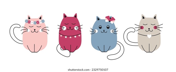 Set of different cute cats. Adorable colorful pets. Stickers for social networks and messengers. Various domestic animals. Cartoon flat vector collection isolated on white background