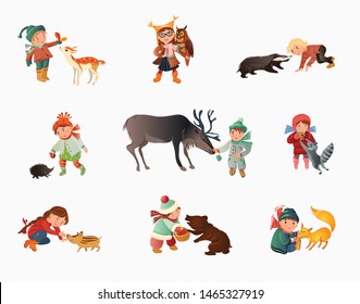Set of different cute children in autumn clothes with animals
