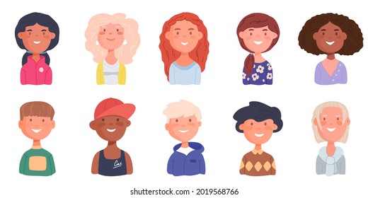 Conjunto de diferentes niños lindos. Niños y niñas de diferentes nacionalidades y razas. Perfecto para el avatar en medios sociales, identidad escolar, camiseta para niños, huellas de amistad internacional, etc. 