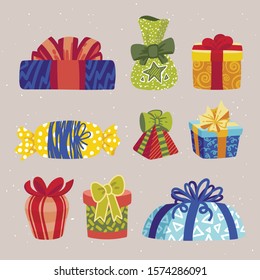 Set of different cute Christmas or other holiday gift boxes and presents decorated with bright coloured festive pattern paper.