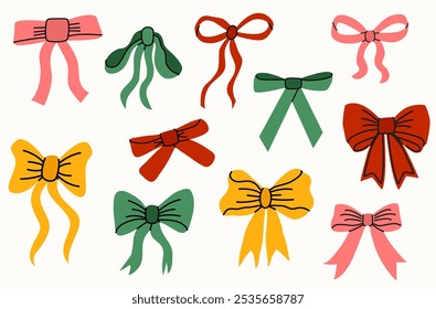 Set of different cute colorful bows. Hand drawn silk bows. Trendy gift ribbons, holidays present box decor. Bowknots in hand-drawn and flat styles.