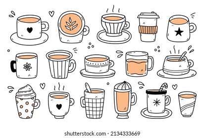 Set of different cute cups with coffee - americano, cappuccino, mocha, coffee to go. Vector hand-drawn illustration in doodle style. Perfect for cards, menu, logo, decorations, various designs. 