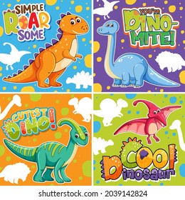 Set of different cute dinosaur posters with speech font illustration