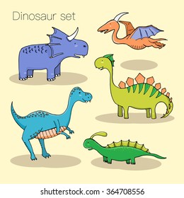 Set of different cute dinosaurs, mountauns and eggs in cartoon style. Vector illustration