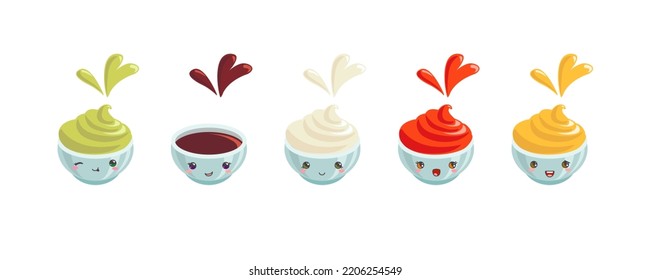 Set of different cute dipping sauces: mayonnaise, guacamole, ketchup, soy and mustard. Isolated on white background