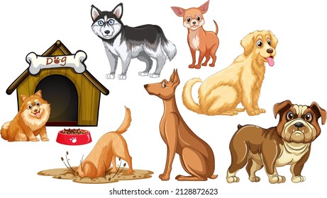 Set of different cute dogs in cartoon style illustration