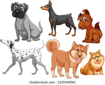 Set of different cute dogs in cartoon style illustration