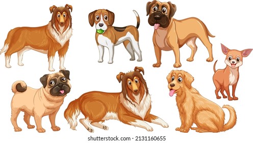 Set of different cute dogs in cartoon style illustration