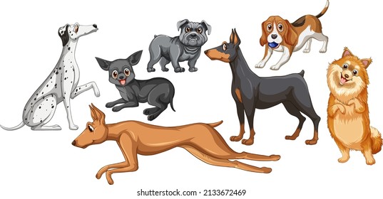 Set of different cute dogs in cartoon style illustration