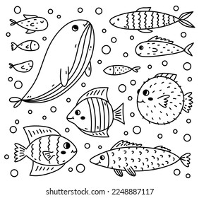 Set of different cute fish isolated on white background. Vector hand-drawn illustration in doodle style. Perfect for decorations, logo, various designs.