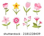 Set of different cute flowers isolated on white background. Vector illustration in hand-drawn flat style. Perfect for cards, logo, decorations, spring and summer designs. Botanical clipart.