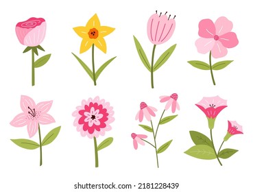 Set of different cute flowers isolated on white background. Vector illustration in hand-drawn flat style. Perfect for cards, logo, decorations, spring and summer designs. Botanical clipart.