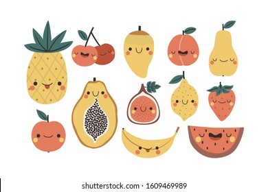 Set of different cute fruits with funny faces on white background. Vector illustration set of cartoon fruits for stickers, posters, cards, invitations and nursery room decor