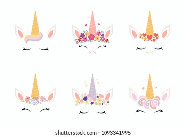 set different cute funny unicorn face stock vector royalty free 1093341995 shutterstock