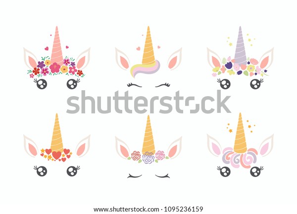 set different cute funny unicorn face stock vector royalty free 1095236159
