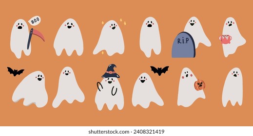 Set of different cute ghosts. Halloween