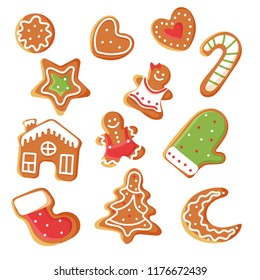 Set of different cute gingerbreads. Christmas cookies. Collection of vector illustrations isolated.