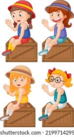 Set of different cute girls sitting on wooden box illustration