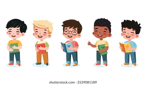 Conjunto de diferentes estudantes internacionais bonitos e felizes meninos com livro de pé sobre fundo branco. Para Cartaz, Faixa, Panfleto, Modelo, Cartão de Saudação. Ilustração vetorial em estilo de desenho animado plano