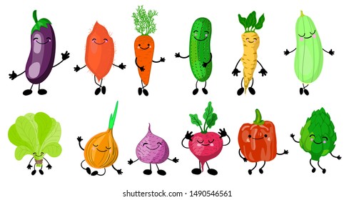 Set of different cute happy vegetable characters. Vector flat illustration isolated on white background