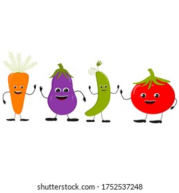 Set of different cute happy vegetable characters. Vector flat illustration isolated on white background. Doodle character cartoon carrot set. Vegan vector icon. Vegetarian healthy food.