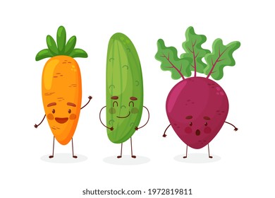 Set of different cute happy vegetable characters. Vector flat illustration isolated on white background. Vector illustration