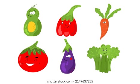Set of different cute happy vegetable and fruit kawaii characters. Colorful design for cards, banners, printed materials. Funny doodle style emoticons. Flat icons of: pepper, carrot, tomato, avocado