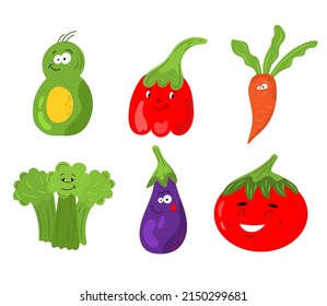 Set of different cute happy vegetable and fruit kawaii characters. Colorful design for cards, banners, printed materials. Funny doodle style emoticons. Flat icons of: pepper, carrot, tomato, avocado