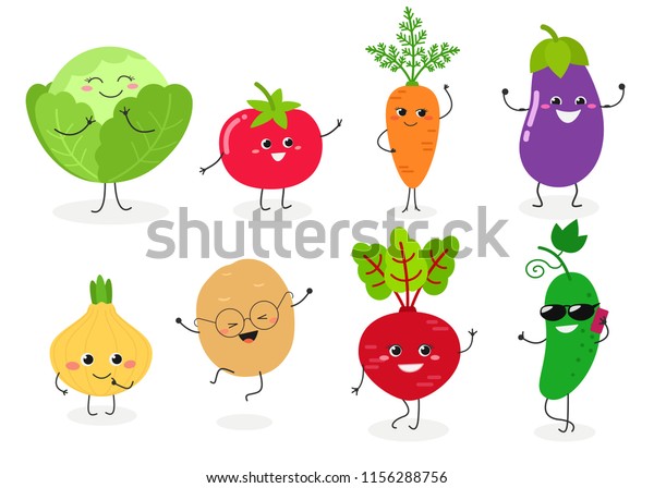 かわいい幸せな野菜のキャラクターのセット 白い背景にベクターフラットイラスト のベクター画像素材 ロイヤリティフリー