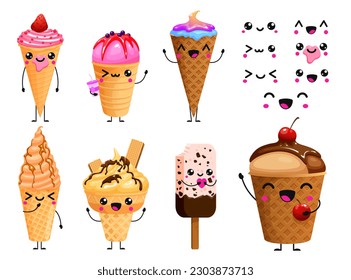 Set of different cute kawaii ice creams in different poses with cute emotions, cartoon vector illustration tasty ice cream in the style of kawaii on white background 