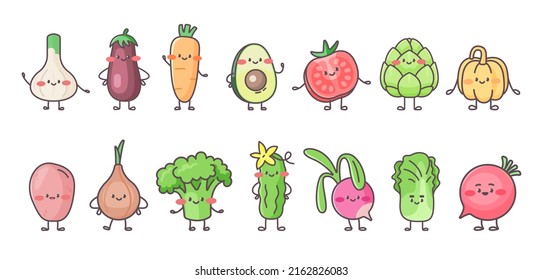 Conjunto de diferentes personajes vegetales kawaii bonitos. Ilustración vectorial aislada en un fondo blanco.