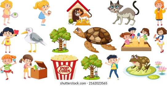 Set of different cute kids and objects illustration