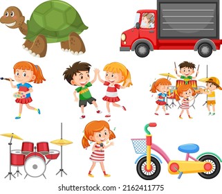 Set of different cute kids and objects illustration