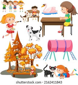 Set of different cute kids and objects illustration