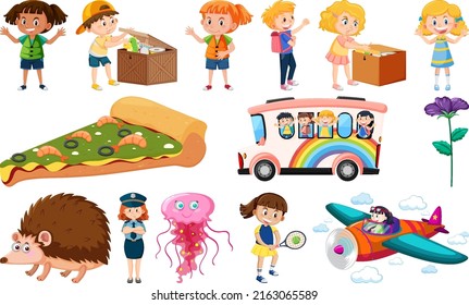 Set of different cute kids and objects illustration