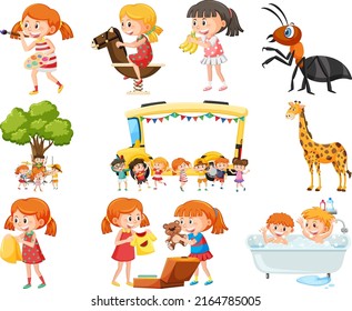Set of different cute kids and objects illustration
