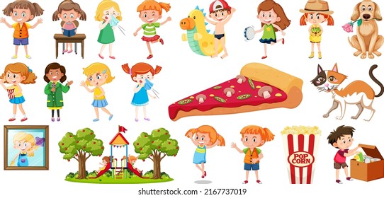 Set of different cute kids and objects illustration
