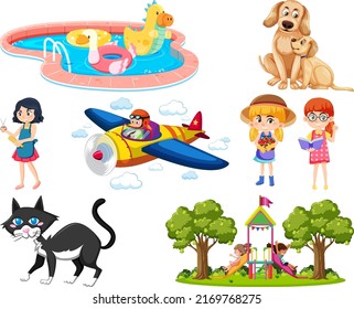 Set of different cute kids and objects illustration