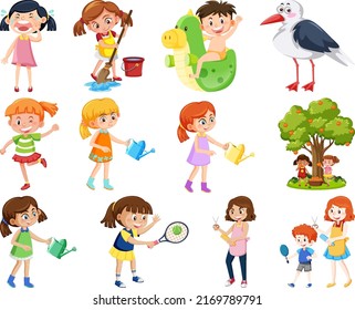 Set of different cute kids and objects illustration