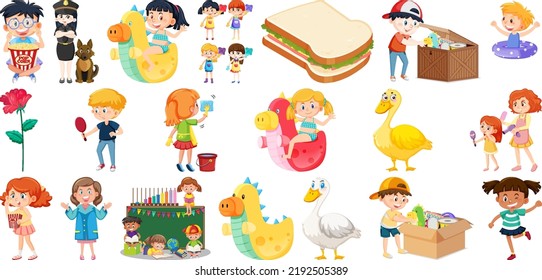 Set of different cute kids and objects illustration