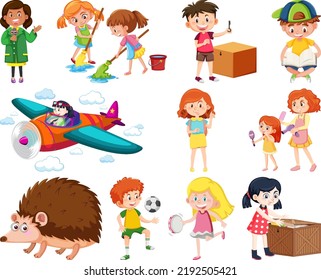 Set of different cute kids and objects illustration