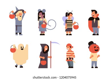 set different cute kids wear monsters costume happy halloween concept party celebration isolated horizontal collection flat vector illustration