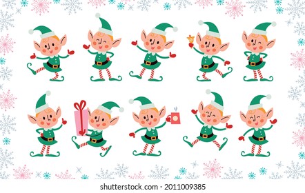 Set of different cute little Santa elves characters isolated. Elf carry gift box, drink hot chocolate, jump, wink, smile. Vector flat cartoon illustration. For Christmas card, pattern, banner, sticker