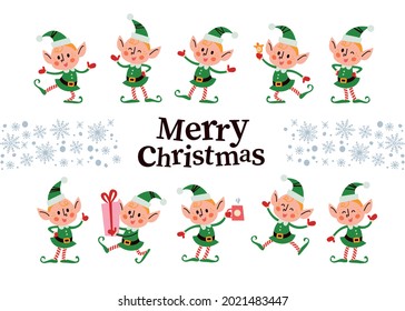 Set of different cute little Santa elves characters isolated. Elf carry gift box, drink hot chocolate, jump, wink, smile. Vector flat cartoon illustration. For Christmas card, pattern, banner, sticker