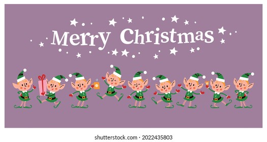 Set of different cute little Santa elves characters and Merry Christmas text congratulation isolated. Elf carry gift box, drink hot chocolate, jump, wink, smile. Vector flat cartoon illustration.