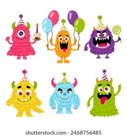 Set of different cute monsters in flat style. Birthday, holiday, congratulation. Baby cartoon character. Decor for a kids party or party.