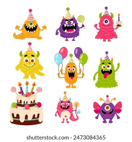 Set of different cute monsters in flat style. Birthday, holiday, congratulation. Baby cartoon character. Decor for a kids party.