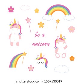 Set of different cute pink unicorn sticker elements (rainbow, cloud, magic wand, star, flower) isolated on a white background