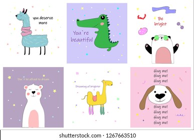 set of different cute postcards with inscriptions with Lama, dog, camel, crocodile, Panda and bear